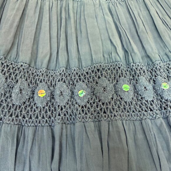 Boho Chic Broomstick Maxi Skirt By Elementz Size S Blue White Ombre Eyelet Sequi - Picture 15 of 16